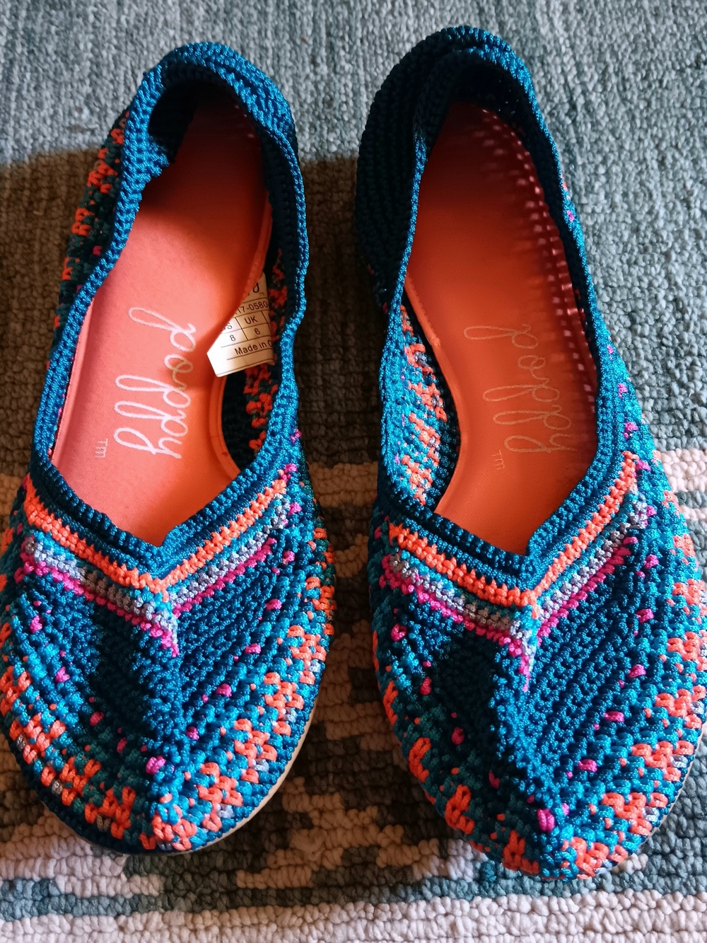 Poppy Crochet Ballet Flats in Teal with Coral & Pink Accents
